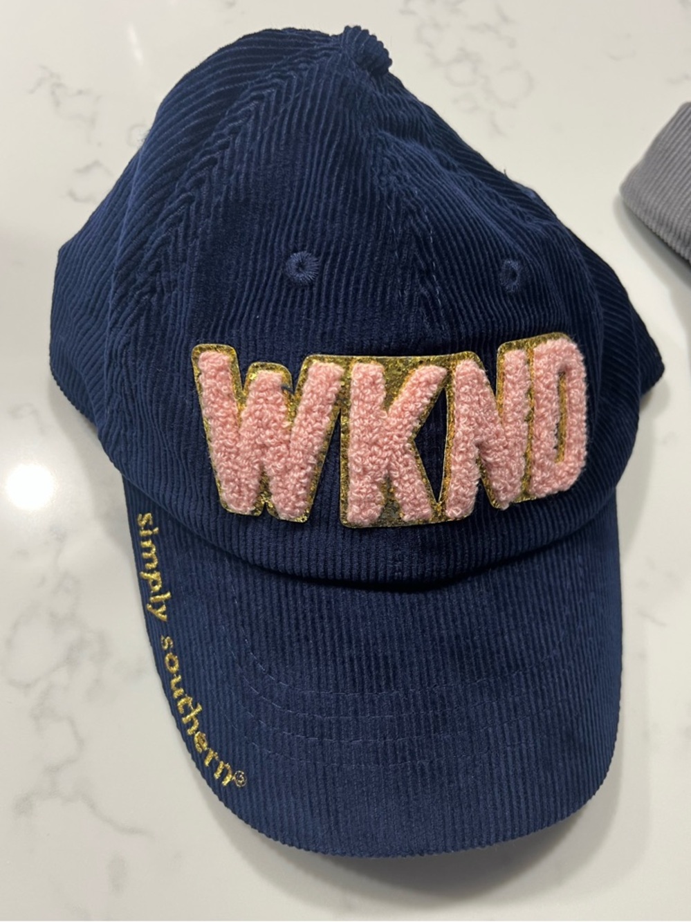 Simply Southern Navy Corduroy Cap with Pink Chenille WKND Patch Women’s NWOT